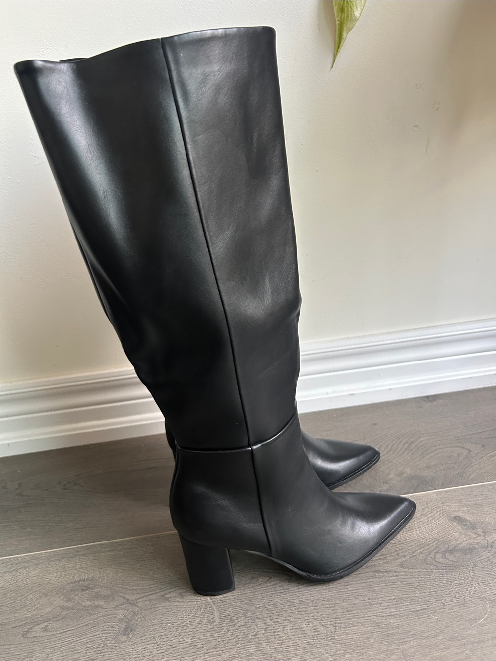 Black Faux Leather Knee High Pointed Toe Block Heel Boots Size 7 NWOT - Picture 4 of 16